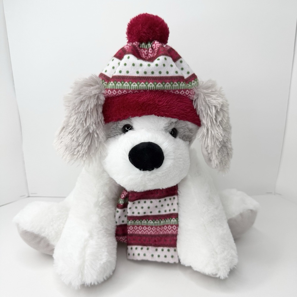 Hugfun Christmas White Gray Dog Plush 12' Beanbag Stuffed Animal Hat Scarf